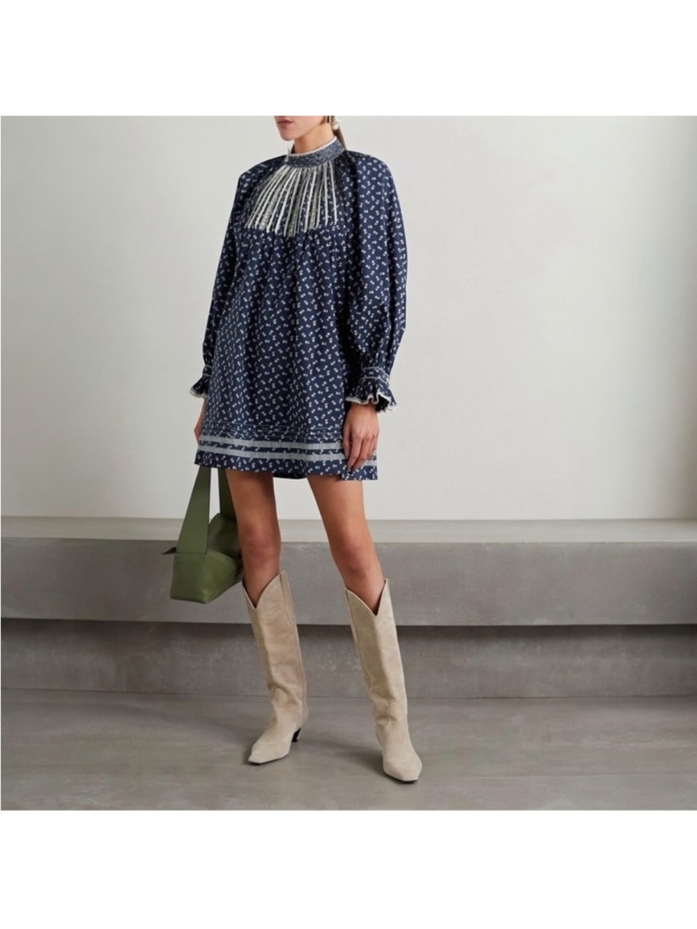 Doen Navy Mini Dress with White Floral Trim